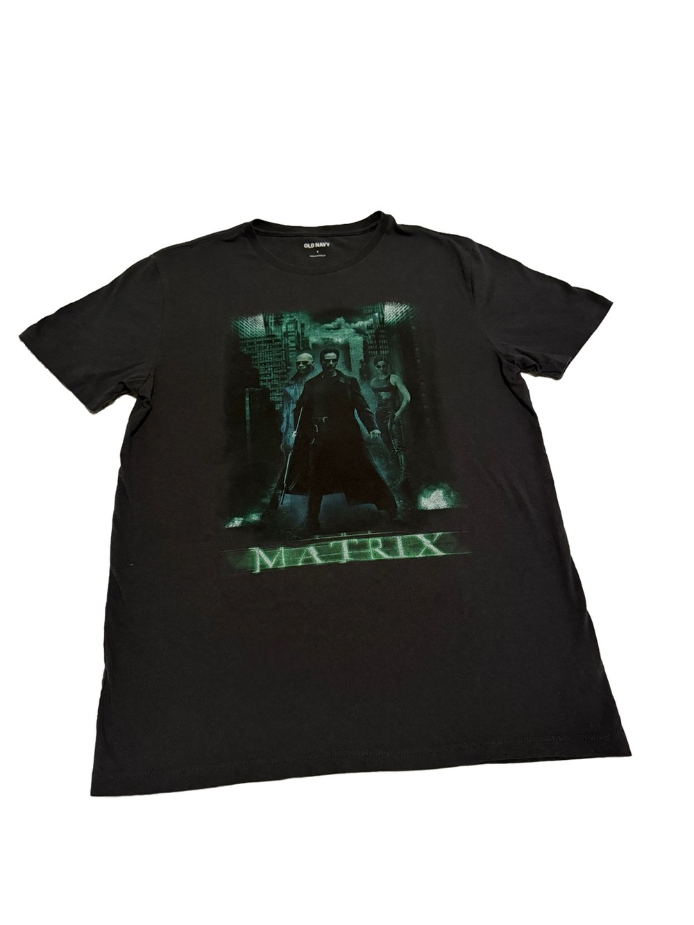 Old Navy Black Short-Sleeve Matrix Graphic Tee with Green‎ Print Small